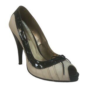ANDREA Heels Women's Size 7.5 Cream Black Peep Toe Shoes